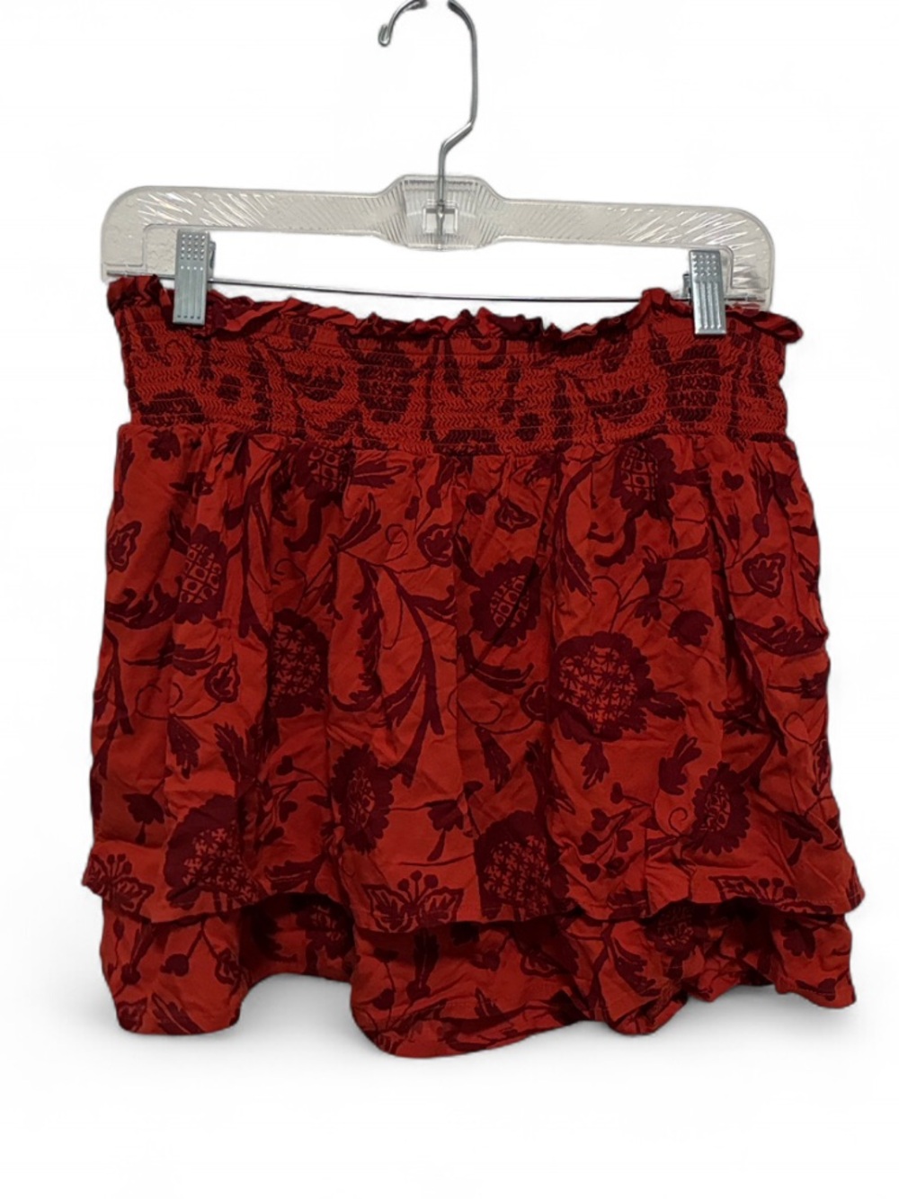 Anthropologie Orange Floral Smocked Waist Ruffle Layered Hem Mini Skirt